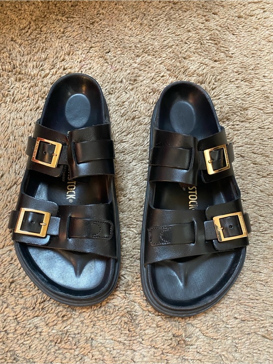 Birkenstock Shoes - Birkenstock St Barths Black Leather Double Two-Strap Sandals with Gold Buckles